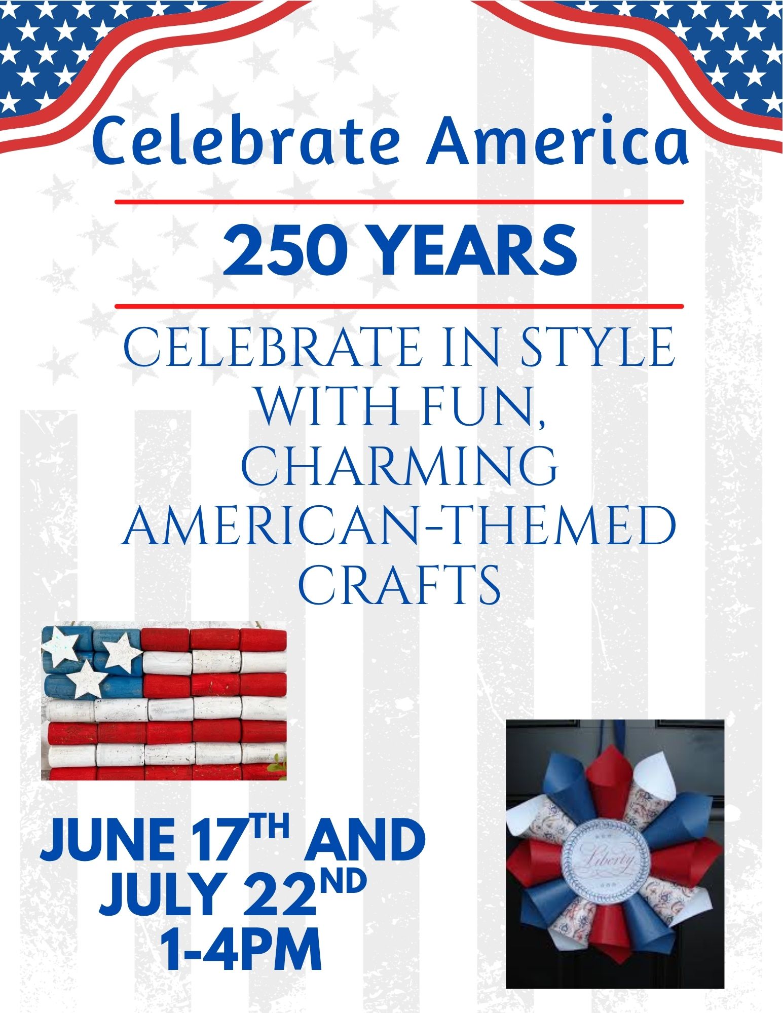 Celebrate America’s 250th anniversary with festive red, white, and blue crafts at the library! Adults are invited to enjoy an afternoon of creative, hands-on projects and patriotic fun. Join us on June 17 and July 22 from 1:00–4:00 PM to craft, create, and celebrate in style.