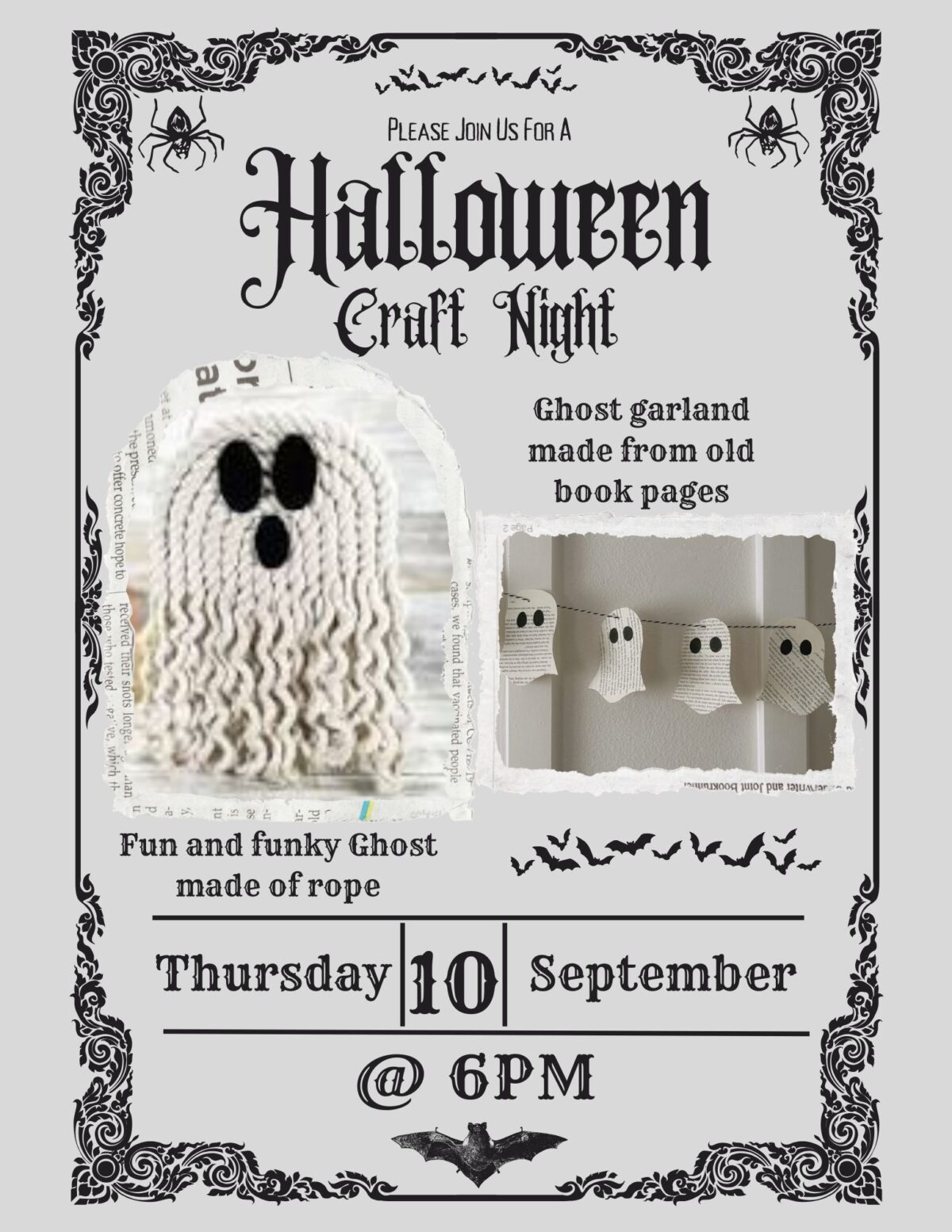 Make your choice of two hauntingly fun crafts: a charming ghost garland made from recycled book pages or a fun and funky rope ghost to brighten your seasonal décor.
