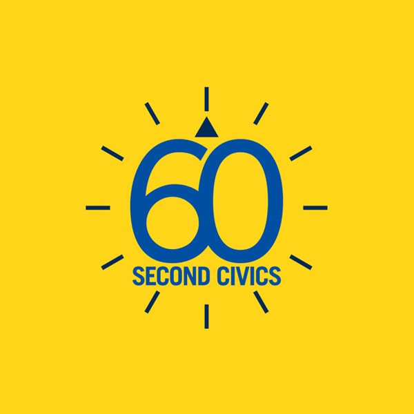A yellow background with a blue clock design showing "60" in large numbers and the words "Second Civics" below. Black lines surround the clock, resembling hour marks.