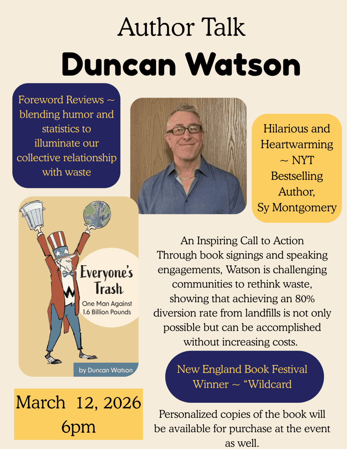 an inspiring call to action through book signings and speaking engagements, watson is challenging communities to rethink waste, showing that achieving an 80% diversion rate from landfills is not o