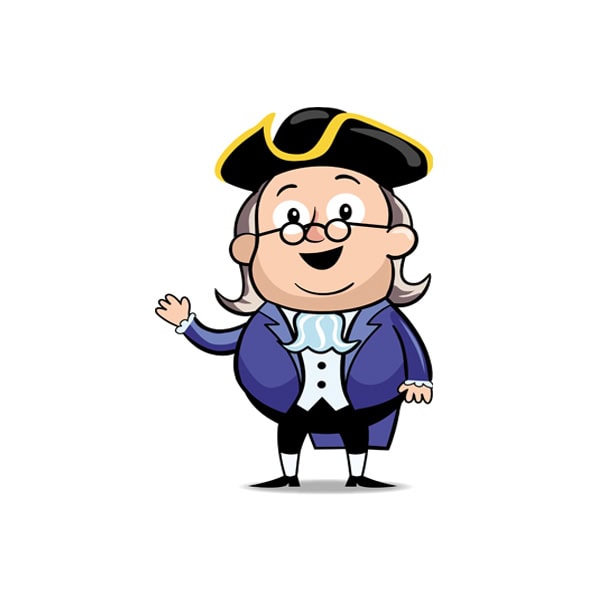 Cartoon illustration of a smiling man in colonial-era clothing, glasses, and a tricorn hat, waving with his right hand.