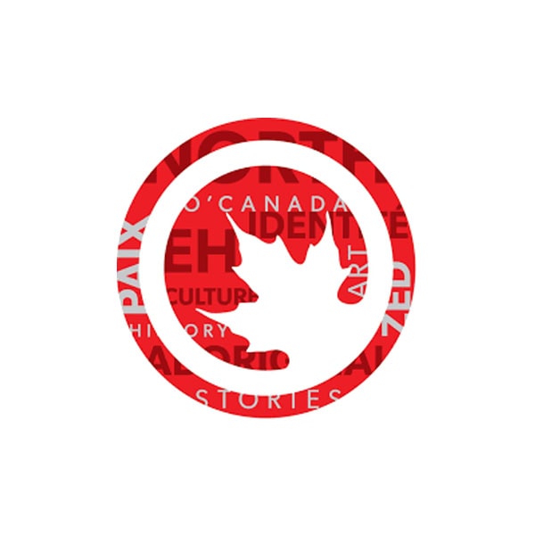 Red circular logo with a white maple leaf silhouette in the center; background includes words like “IDENTITY,” “EH,” and “O’ CANADA.”.