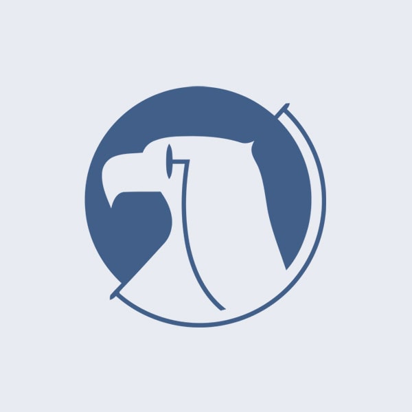 A minimalist blue logo features a stylized eagle head inside a circle with a partially open border on a light gray background.