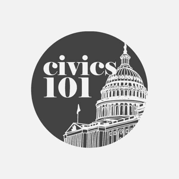 A black and white graphic shows a partial illustration of the U.S. Capitol dome with the text "civics 101" above it.