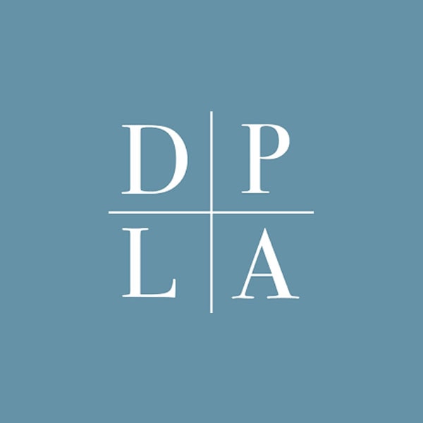 A blue square logo with white lines forming a cross, dividing four white letters: D, P, L, and A, each in its own quadrant.