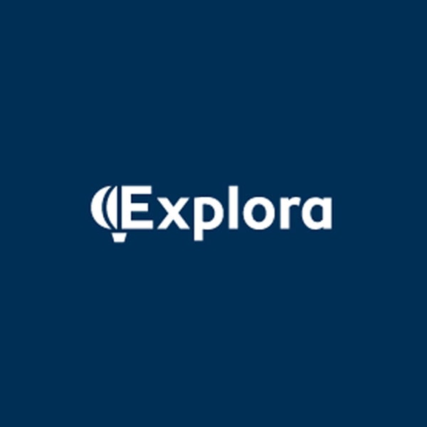 White text "Explora" on a dark blue background, with the letter "E" stylized to resemble a hot air balloon.