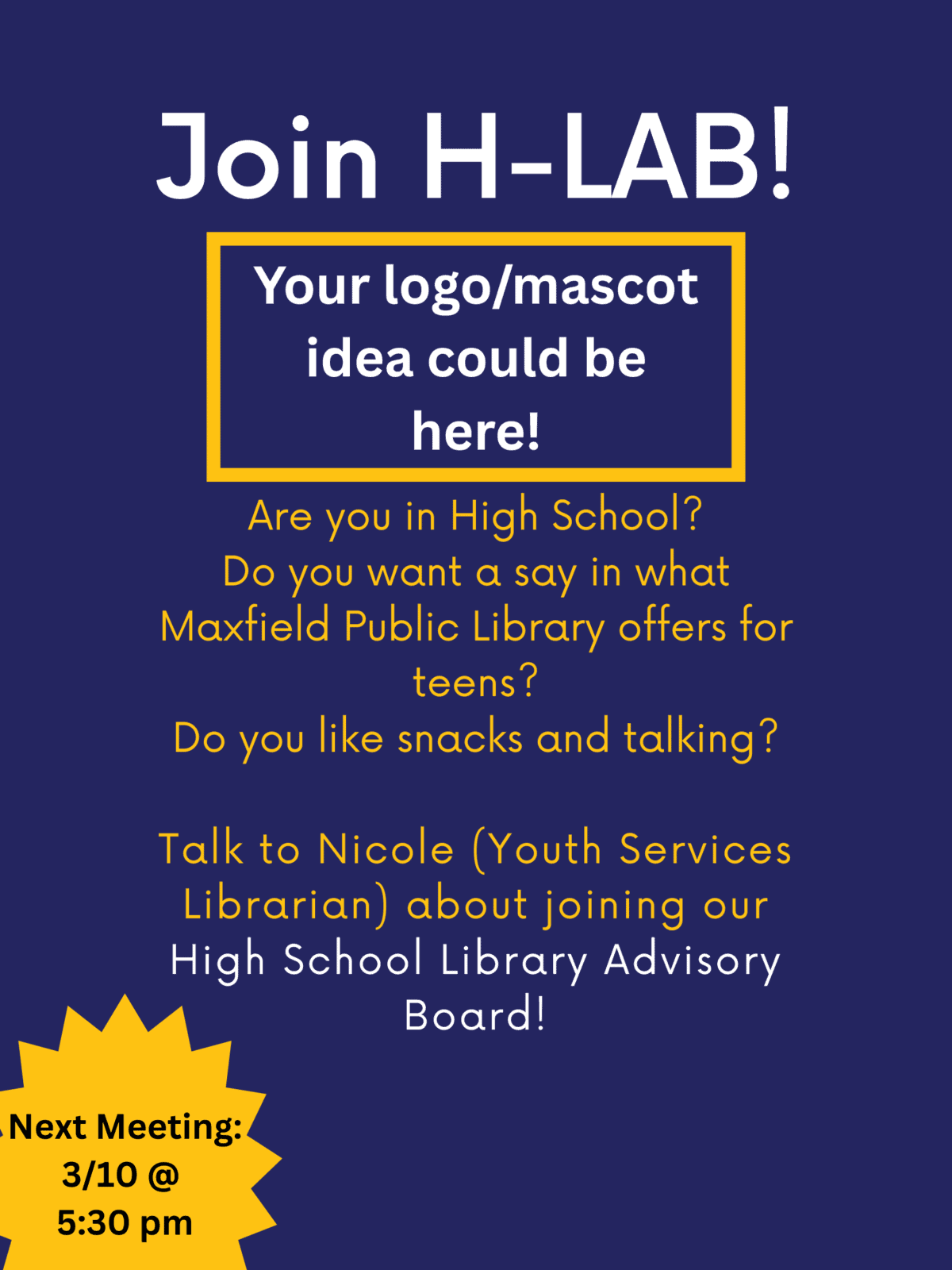 Join H-LAB
H-LAB is our library advisory board for high school students! 