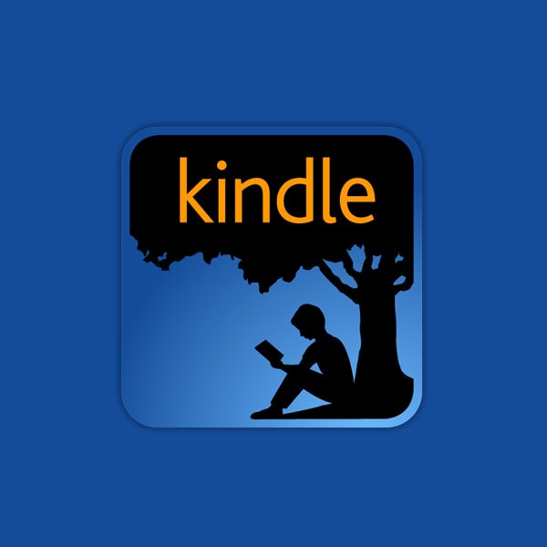 Kindle app logo showing a person reading under a tree with the word "kindle" in orange on a black and blue background.