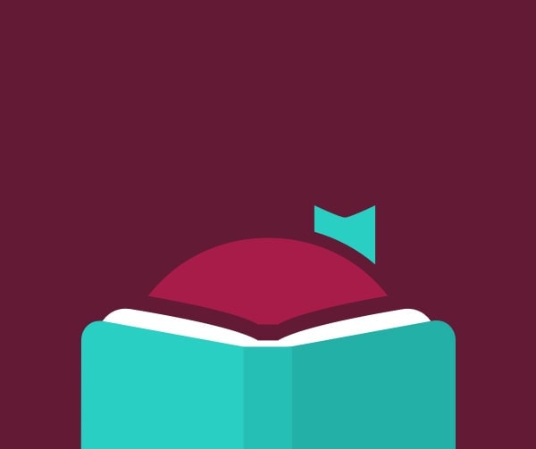 Minimalist illustration of an open turquoise book with a red semicircle and a small blue bookmark against a dark red background.