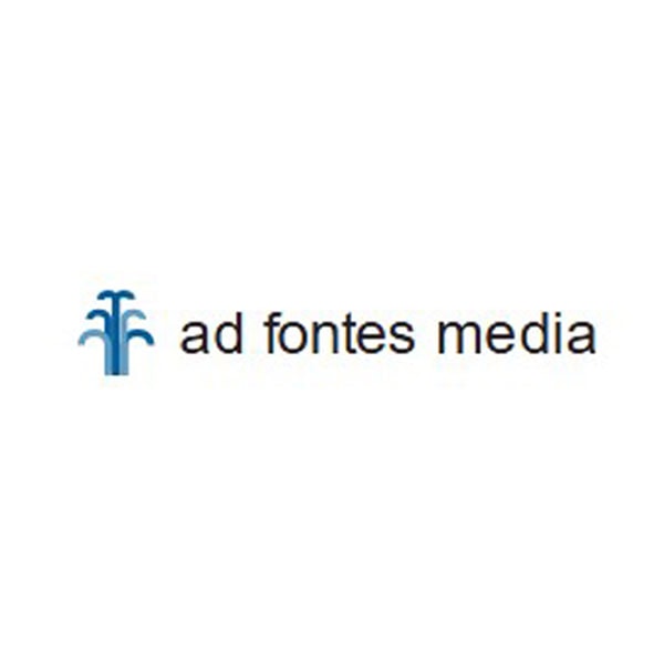 Ad Fontes Media logo with a blue stylized fountain icon to the left of the text "ad fontes media" in lowercase black letters on a white background.