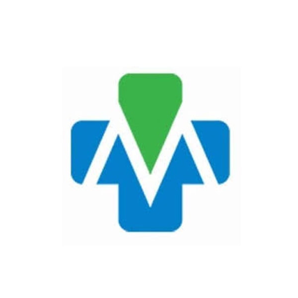 A blue cross with a green upward-pointing shape at the top center and a white 'M' in the middle.