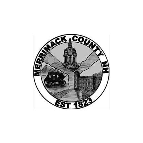 Black and white seal of Merrimack County, NH, featuring a building, a river, a covered bridge, and mountains, with text "MERRIMACK COUNTY NH EST 1823" around the border.