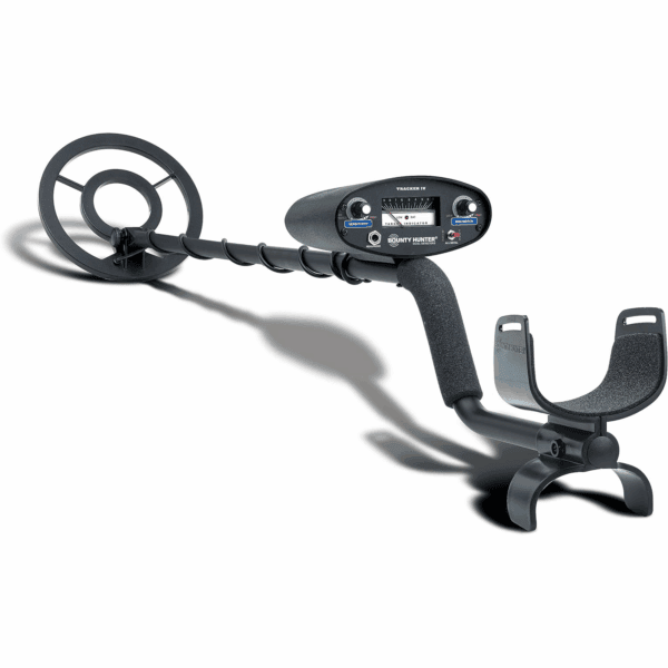 A black metal detector with a digital display, armrest, and circular search coil, positioned at an angle on a white background.