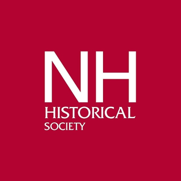 Logo of the New Hampshire Historical Society featuring large white letters "NH" above the words "HISTORICAL SOCIETY" on a solid red background.