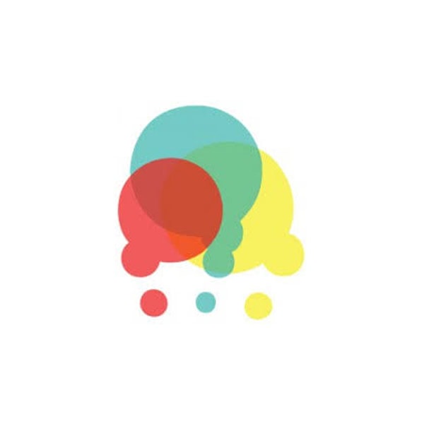 Abstract design with overlapping red, blue, yellow, and green circles of varying sizes on a white background.
