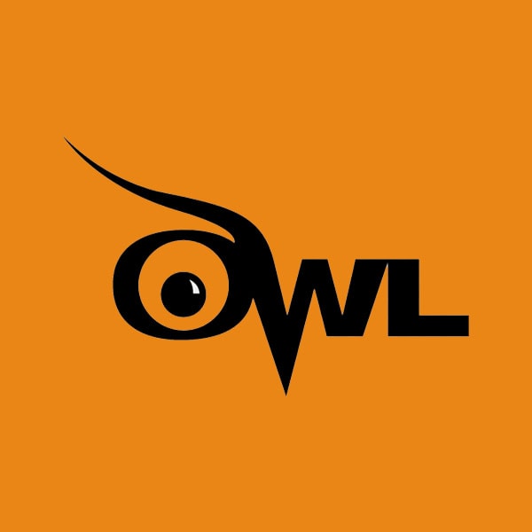 Stylized "OWL" text logo on an orange background, with the "O" designed to resemble an owl's eye and a pointed brow above.
