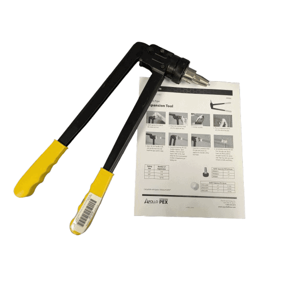 A manual pipe expansion tool with yellow handles rests on top of an instruction sheet labeled "Apollo PEX Expansion Tool.