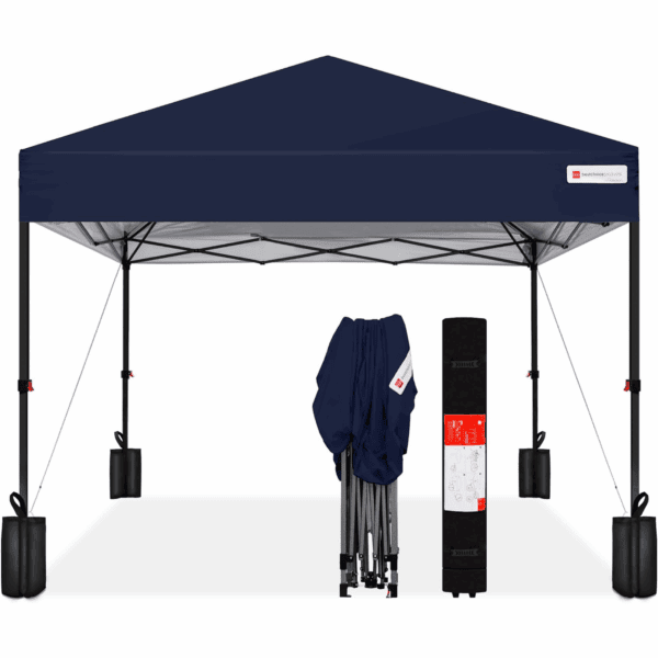 Blue pop-up canopy tent with four weight bags, shown fully set up and folded for storage, alongside a black carrying case.
