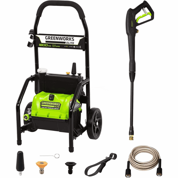 A Greenworks Elite 1800 PSI electric pressure washer with hose, spray gun, wand, and various nozzle attachments displayed on a white background.