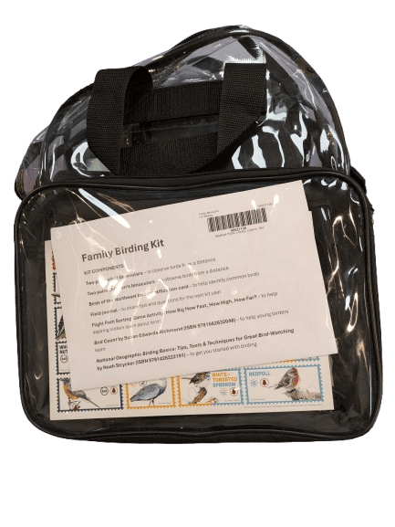Clear vinyl backpack containing the Family Birding Kit