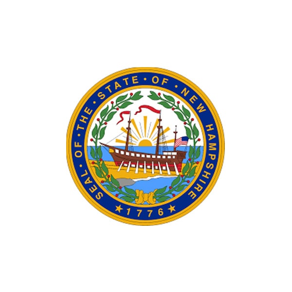 The official seal of New Hampshire showing a ship on water, rising sun, laurel wreath, and "Seal of the State of New Hampshire 1776" around the border.