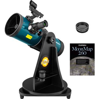 A tabletop telescope with a blue optical tube mounted on a black base, accompanied by a filter and a MoonMap 260 booklet.